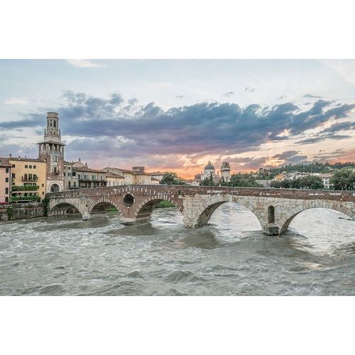 Italy-Verona Ponte Pietra (Roman Bridge) at Sunset